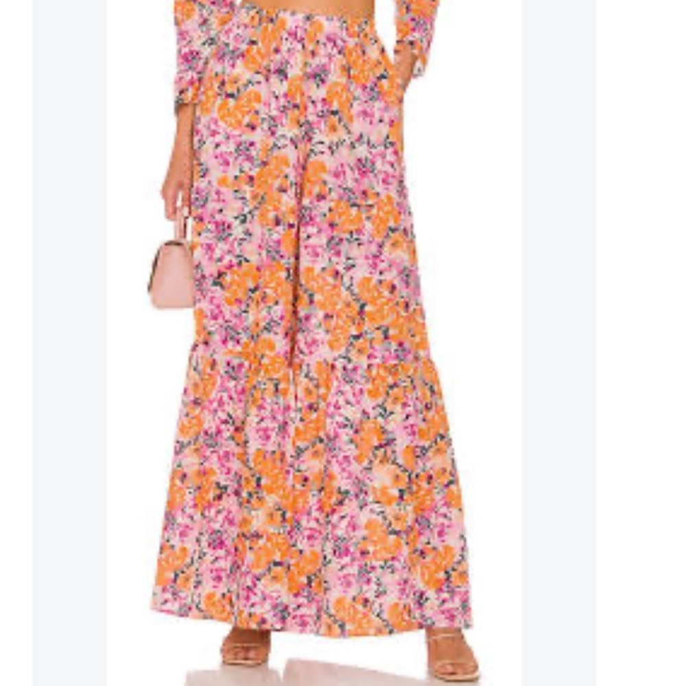 Something Navy Floral Tiered Wide Leg Pants Pink Orange Linen Blend Size M